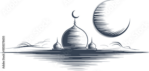 Stylized Ramadan illustration of a mosque with domes and minarets reflected in water under a crescent moon