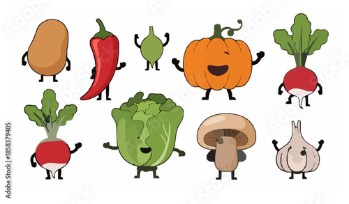 Funny cartoon vegetable mascot vector collection for kids food design
