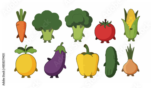 Cute cartoon vegetable characters vector set for kids isolated on white