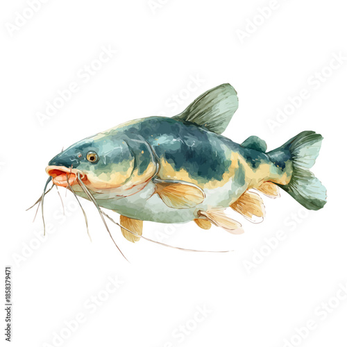 Catfish With Barbels watercolor artwork, high-quality professional vector illustration isolated on a white background.