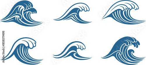 Six stylized blue ocean waves with white foam crests on a clean white background, depicting various forms of water movement and energy.
