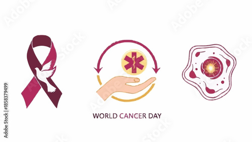 Awareness for Cancer Day with ribbon, cell, and flower symbols promoting health and medical research