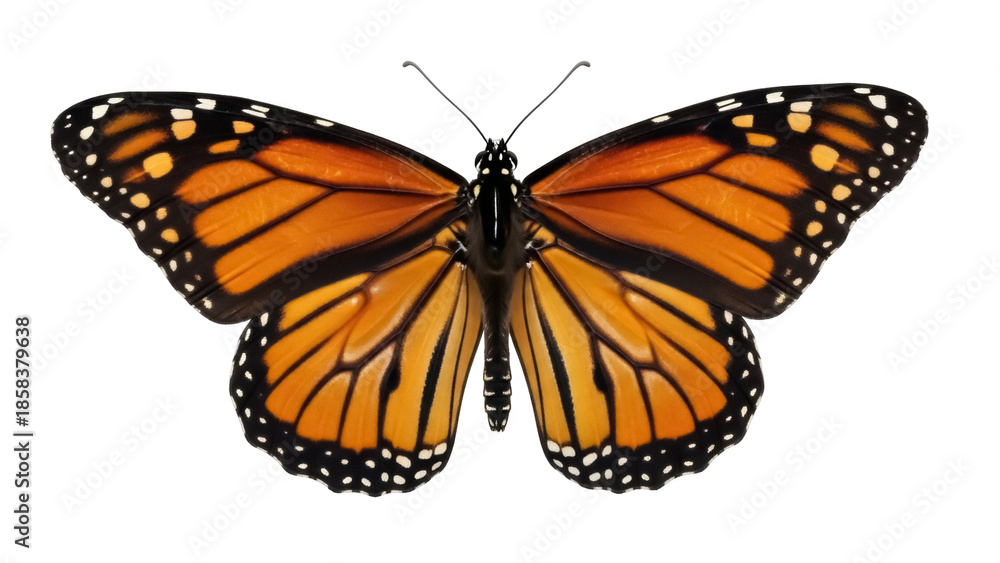 Fototapeta premium Isolated monarch butterfly with orange and black wings, a stunning winged insect nature shot