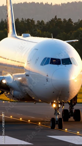 Airplane taxiing on runway at sunset. Aircraft prepares for departure in evening light. Aviation industry showcases travel excitement and technological advancement. Vertical shot captures dynamic