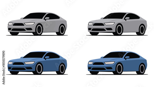  Modern sedan car vector set in different colors and angles, clean flat design automobile illustration for transport, automotive branding, app icons, UI, web and print use