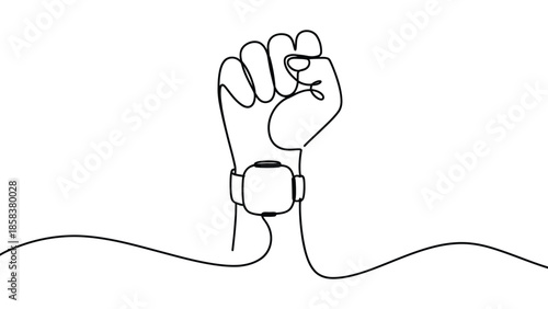  minimalist raised fist line art symbolizing strength unity freedom and resistance with smart watch continuous one line illustration for activism protest empowerment and human rights concept