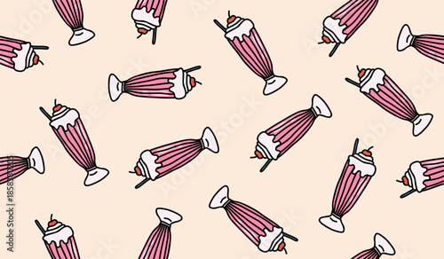 Cute strawberry milkshake pattern background vector design