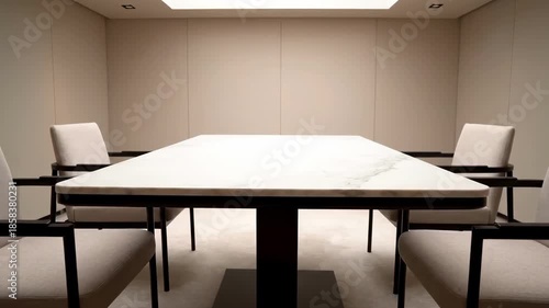 Minimalist modern meeting room interior with marble table and beige chairs under skylight