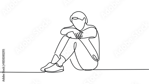 Minimal continuous line drawing of a seated person hugging knees, expressing loneliness, sadness and introspection, mental health concept in simple modern outline style 