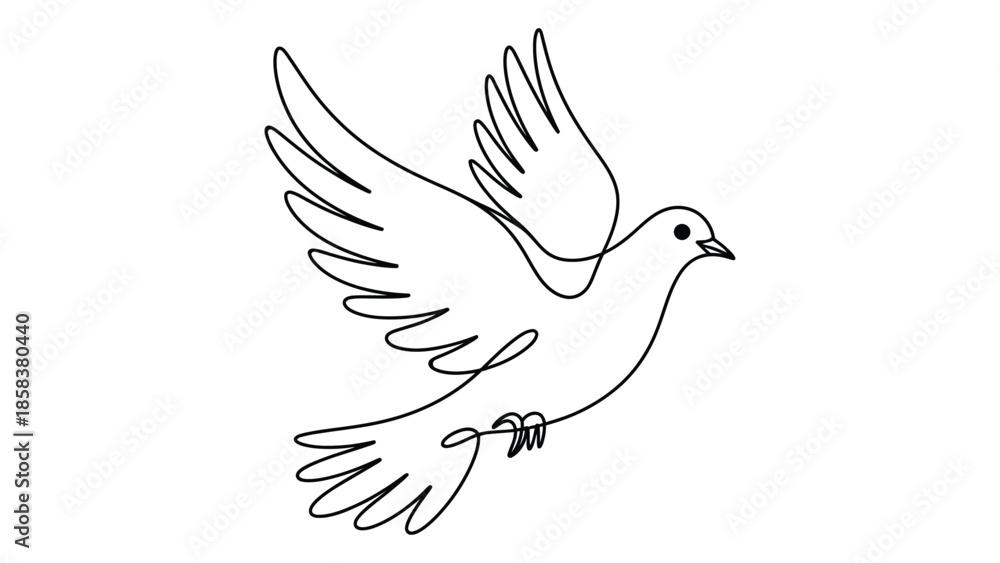 Fototapeta premium Minimal flying dove line art illustration in black and white style showing peace bird with open wings for freedom, hope, spirituality, harmony and symbolic concept design 