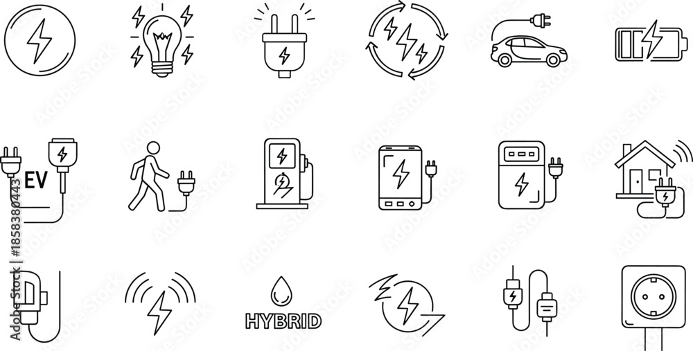 Fototapeta premium Electric vehicle charging and energy line icons set with EV, battery, plug, power and sustainable electricity symbols