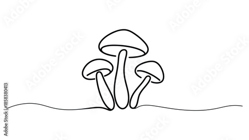 Minimal mushroom line art illustration in black and white style featuring wild fungi growing on ground for nature, forest, organic food, botanical and calm concept design 