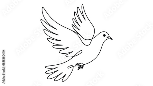 Minimal flying dove line art illustration in black and white style showing peace bird with open wings for freedom, hope, spirituality, harmony and symbolic concept design 