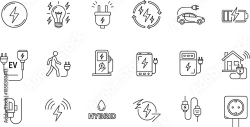 Electric vehicle charging and energy line icons set with EV, battery, plug, power and sustainable electricity symbols