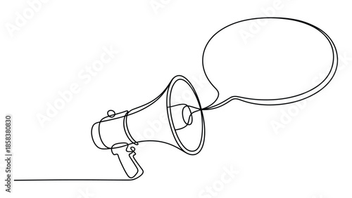  Minimal megaphone with speech bubble line art illustration in black and white style showing announcement, communication, marketing message, protest and public awareness concept