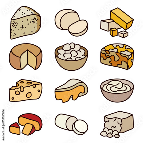 Colored Line Art Icon Set of Various Cheeses