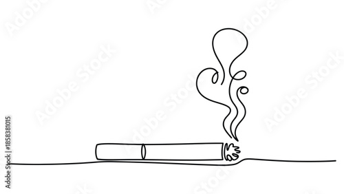  Minimal cigarette smoke line art illustration in black and white style showing burning cigarette with rising smoke for smoking habit, addiction, health risk and lifestyle concept design
