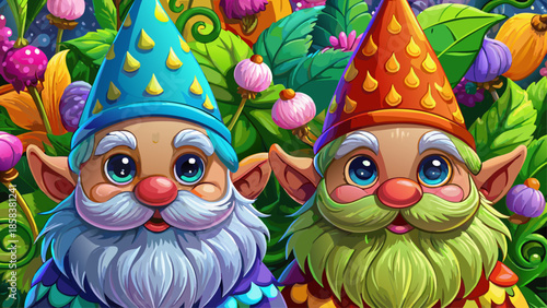 Very beautiful close-up illustration of two sweet gnomes with fluffy beards and colorful pointed hats, surrounded by forest textures, creating a cozy, whimsical, and enchanting fairytale mood.