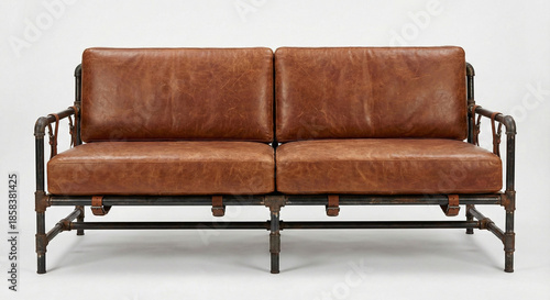 Industrial Brown Leather Sofa on White Background