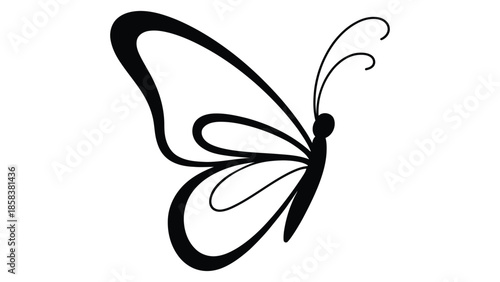 Minimal butterfly silhouette illustration in black and white style featuring elegant flying butterfly symbol for nature, beauty, freedom, transformation and decorative design use 
