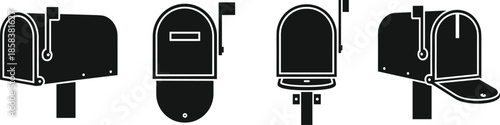 Black mailbox icons set featuring various angles, open and closed positions, traditional residential mail delivery boxes on poles, vector illustration.