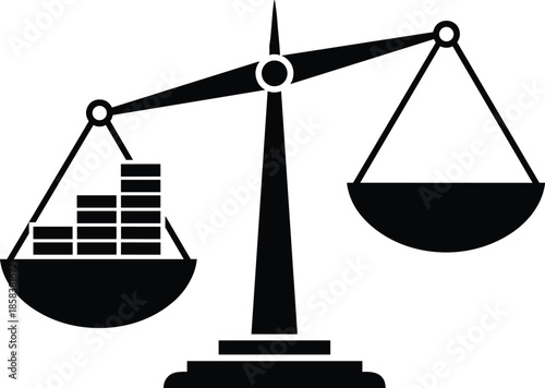 Black silhouette of justice scales with coins in one pan representing financial weight and legal balance, cad drawing flat vector illustration, law,