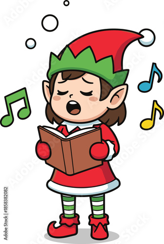 Cheerful Christmas elf singing holiday carols while holding songbook, festive cartoon illustration with musical notes, adorable seasonal character in bright costume, joyful celebration artwork
