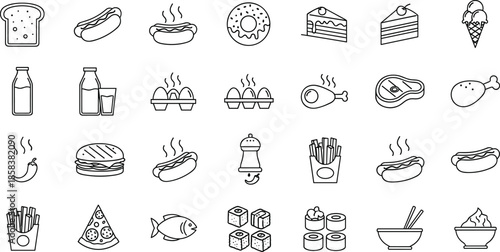 Food and fast food line icons set featuring snacks, meals, desserts, drinks, street food, and restaurant menu symbols