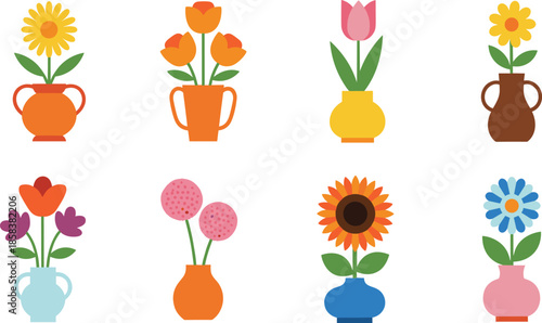 Colorful flower vase illustration set, flat style floral arrangements in modern decorative pots, cute minimal vector design collection