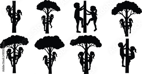 Children climbing trees, playful kids, black silhouettes, childhood activity, nature play, tree pose, pole climbing, vector art, outdoor fun, illustration design
