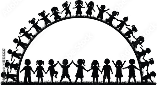 Children holding hands silhouette, playful kids illustration, unity and friendship artwork, happy child group graphic, community bonding design