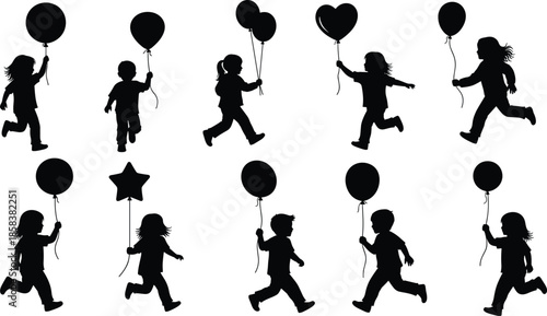 Children running with balloons, silhouette vector set, playful kids, celebration moment, black graphic, childhood joy, festive illustration, stock art