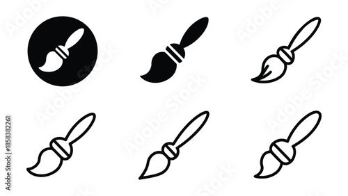  Paint brush icon set in filled and outline styles, minimal artist tool symbols for drawing and painting, modern creative brush illustrations isolated on white background