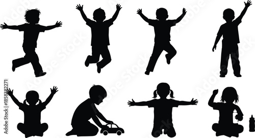 Children silhouettes playing, jumping, sitting, and raising hands, joyful kids activities, childhood fun poses, vector illustration of active children