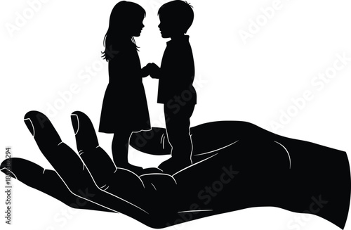 Children silhouette in protective hand, caring support illustration, kid safety concept, family protection graphic, nurturing symbolism artwork
