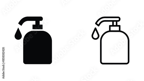  Liquid soap dispenser icon set in filled and outline styles, minimal hand wash and sanitizer bottle symbols, modern hygiene and bathroom illustration isolated on white background