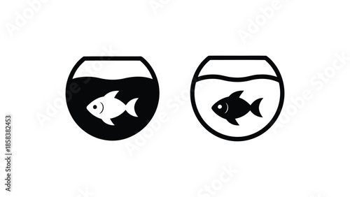  Fish bowl icon set in filled and outline styles, minimal aquarium symbols with swimming fish, modern pet and animal illustration collection isolated on white background