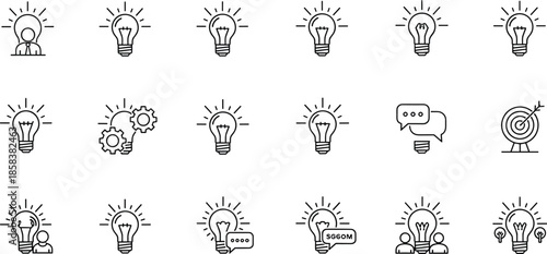 Idea and innovation light bulb line icons set with creativity, brainstorming, solution and inspiration symbols