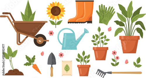 Gardening tools and plants illustration, home garden equipment and potted plants vector set