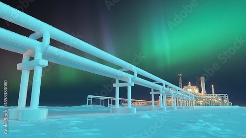 Frozen Arctic LNG Plant at Polar Night with Crystalline Frost on Turquoise Pipeline Bridges under a Vibrant Aurora Borealis