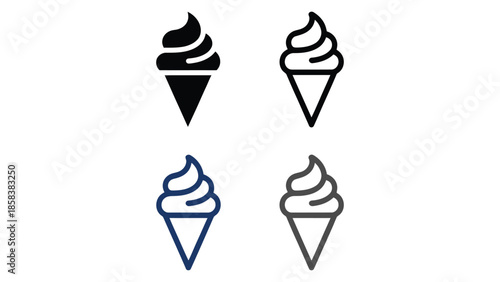Minimal ice cream cone icon set in black blue and gray colors, simple dessert symbol collection, modern outline food icons isolated on white background