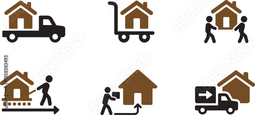 Moving house and relocation icon set, house transport and home delivery symbol collection
