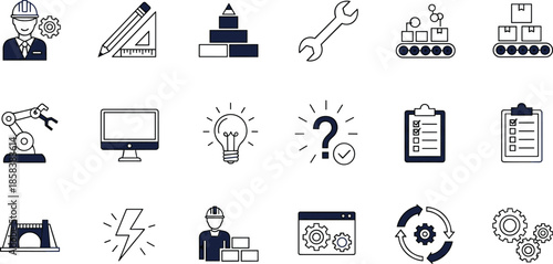 Industrial manufacturing and engineering line icons set with automation, tools, workflow, logistics and production management symbols