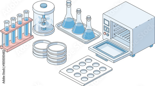 Isometric laboratory equipment illustration showing test tubes flasks petri dishes lab oven and scientific research tools on white background