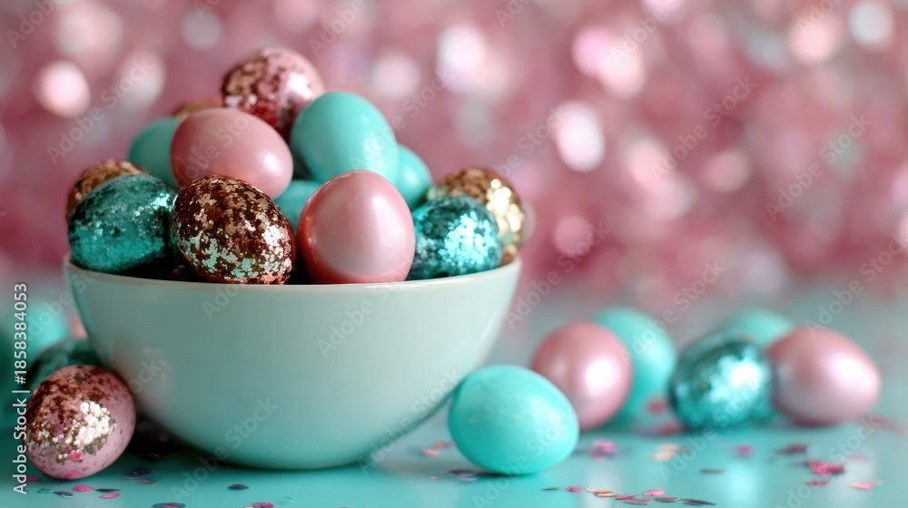Obraz premium A bowl filled with beautifully decorated Easter eggs sparkles invitingly, celebrating color and craft in the spirit of festive joy and playful creativity during the holiday season.