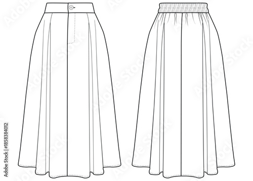 Women Long Flared Skirt Technical Flat Sketch Front and Back View Vector