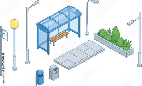 Isometric smart bus stop illustration with shelter bench street lights WiFi sign trash bin and modern urban landscaping elements