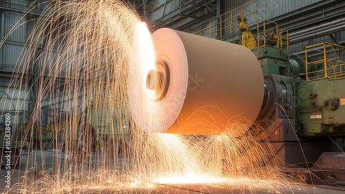 Low Angle View of a Gigantic Roll Grinder Resurfacing a Paper Mill Roller with Cascading White Hot Sparks in an Industrial Workshop