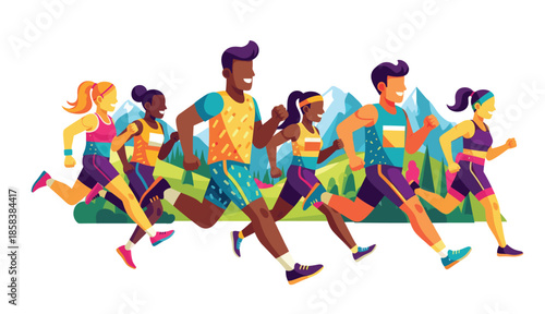 Group of colorful runners people isolated on white background. Cartoon jogging male and female in motion vector flat illustration. Person runner race lifestyle, competition between man and woman