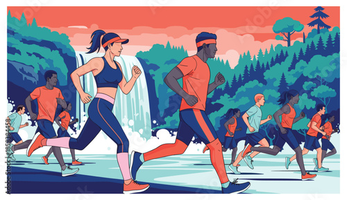 Group of colorful runners people isolated on white background. Cartoon jogging male and female in motion vector flat illustration. Person runner race lifestyle, competition between man and woman